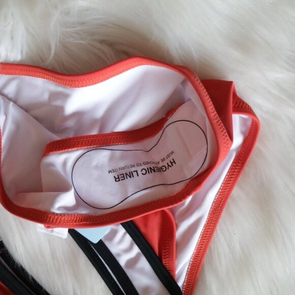 NEW Orange Black White Sporty Color Block Low Rise Bikini Swim Set Size Medium - Picture 4 of 7